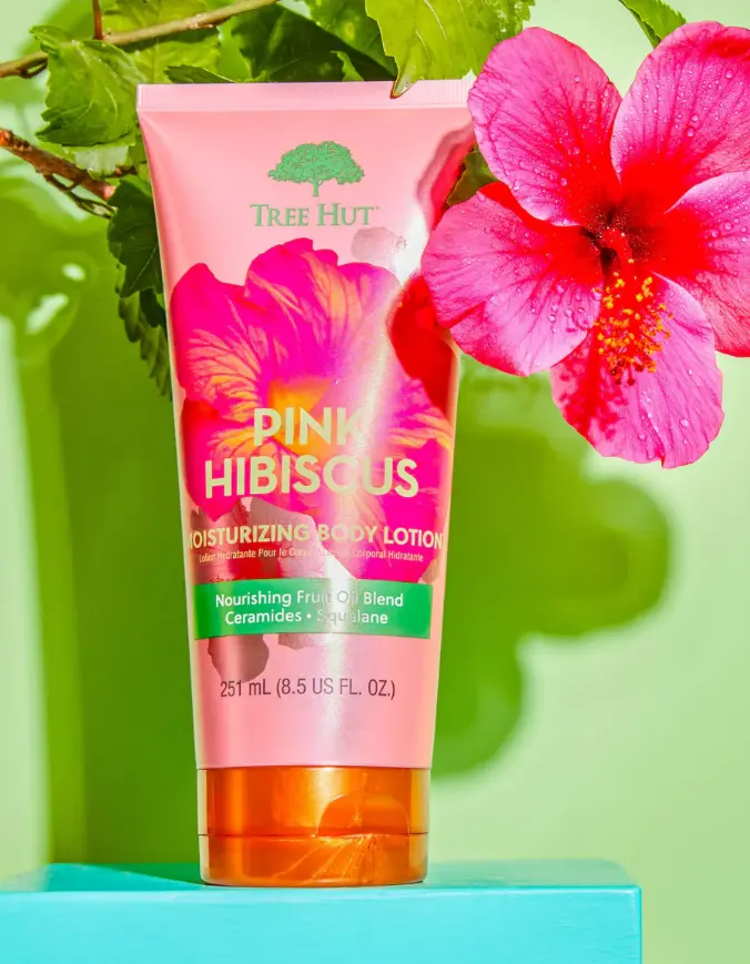 Moisturizer with ceramides, squalane, and fruit oil complex for hydrated, healthy skin. Tree Hut Pink Hibiscus Moisturizing Body Lotion